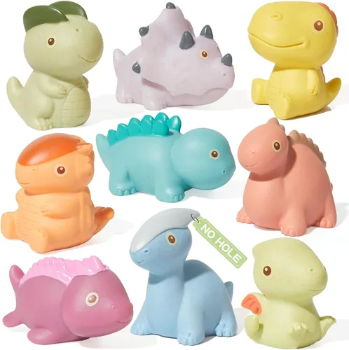 AMCHSURI Juguetes de Baño, Paquete de 9 Dinosaurios | Diseño de Juguetes de Baño Sellados, Sin Agujeros y Libres de Moho | Suaves, Exprimibles y