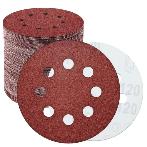 50 discos de lijado de grano 120 con gancho y bucle, almohadillas de lijadora orbitales de 5 pulgadas y 8 agujeros, papel de lija para madera,