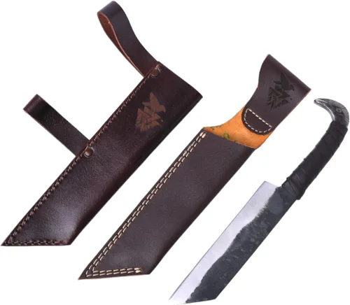 Miniatura 10 de Cuchillo Odin's Raven estilo vikingo nórdico de 10.3" - Hoja de acero al carbono forjada a mano de 6.5", empuñadura con cabeza de cuervo y funda