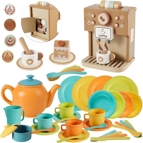 BUYGER Juego de vajilla de cocina con juguete para cafetera, plástico y madera, accesorios de cocina, juguetes educativos de aprendizaje, regalos
