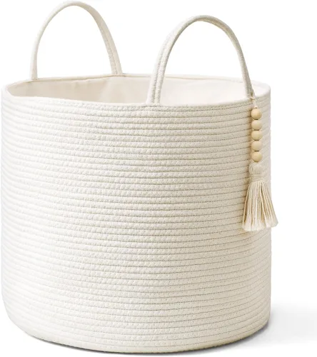 Miniatura 10 de Mkono Cesta Alta de Mimbre para Ropa Sucia Cesta de Almacenamiento Tejida Cesta Decorativa de Cuerda Natural Decoración de Cuentas de Madera