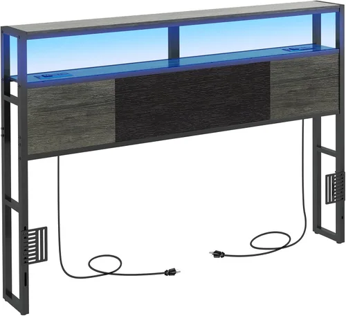 Livofloral Cabecera tamaño Queen, cabeceros con estación de carga, puerto USB y luz LED, tablero principal con estante de almacenamiento de 2