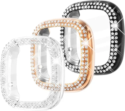 Miniatura 20 de Fullife Paquete de 10 Parachoques de TPU para Fitbit Versa 2, Fundas de Cristal con Diamantes Brillantes HD, Funda Protectora Completa, Resistente a