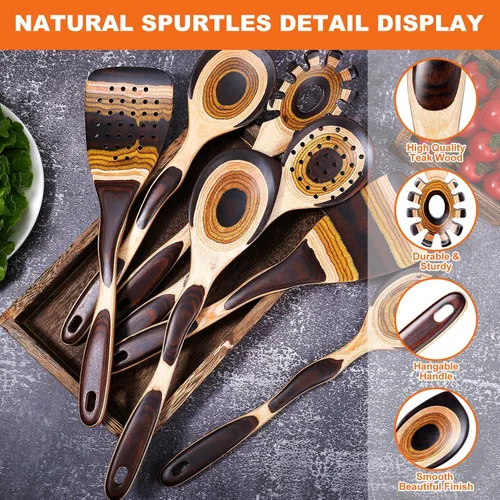 Miniatura 2 de Juego de 7 utensilios de cocina de madera de Pakkawood para cocinar, cucharas de madera para cocinar, seguro, ecológico, antiadherente, utensilios