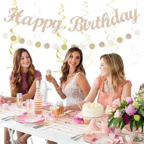 Miniatura 4 de Beige Champagne Rose Gold Women-Girls Birthday Decorations - 21pcs Fall Boho Party Happy Banner, Peach Streamers,Paper Lanterns,Pom Poms Fans 16th