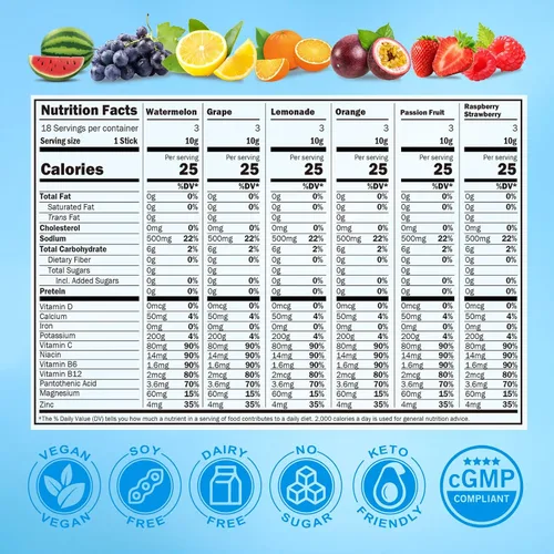Miniatura 7 de Paquetes de electrolitos en polvo, sin azúcar, sabor natural, mezcla de bebidas electrolíticas de 10 electrolitos y vitaminas, sabores de limonada