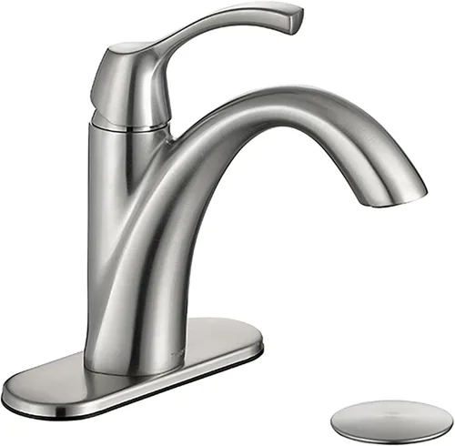 TimeArrow Grifo de baño de níquel cepillado de 1 manija y un solo agujero, placa de cubierta de 3 agujeros, drenaje desplegable y líneas de Níquel