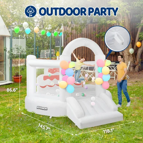 Miniatura 5 de JOYMOR Bounce House para niños (12 pies x 10 pies x 7.2 pies) con tobogán, globos, espaciosa gorila, casa de rebote blanca para fiesta de cumpleaños