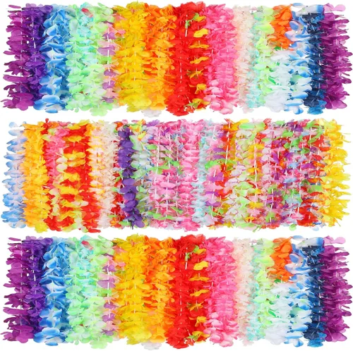 Miniatura 10 de Jexine 250 piezas de collar floral hawaiano a granel tropical Luau Leis verano playa floral para decoración de fiesta de cumpleaños, bodas y Azul