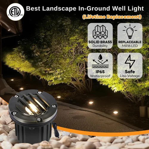 Miniatura 2 de Gardenreet Luces de Pozo de Bajo Voltaje para Exteriores - Latón 12V Bombilla LED Reemplazable Iluminación Empotrada en el Suelo, Accesorio de Tapa