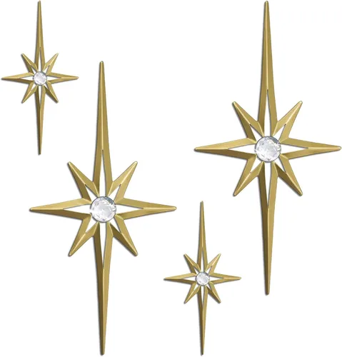 Miniatura 11 de 4 piezas de escultura de pared de arte de estrella de metal, decoración de pared de explosión de estrella de 8 puntas, diamantes brillantes