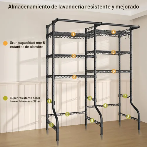 Miniatura 8 de Ulif U13 - Estantes de almacenamiento medianos para lavadora y secadora, estante de pie de 6 niveles con 2 barras para colgar, estante de secado