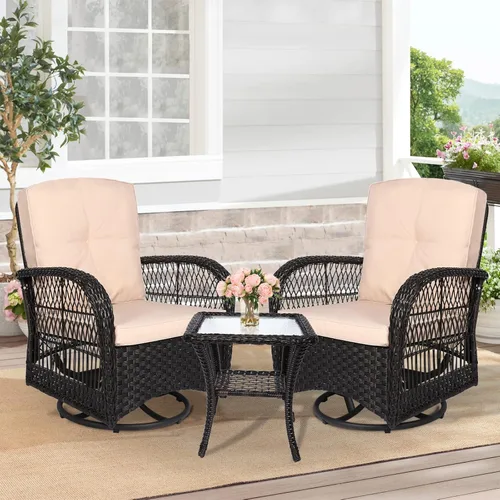 Juego de 3 piezas de mimbre para patio, muebles de exterior, juego de conversación de patio, silla mecedora giratoria de 360 grados con cojines