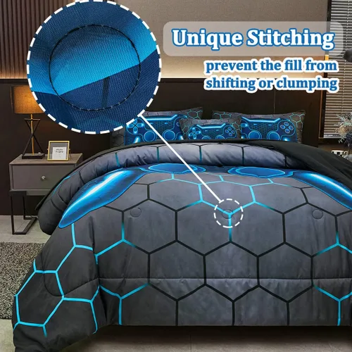 Miniatura 6 de Juego de edredón azul de consola de juegos con sábanas, 6 piezas de cama en una bolsa, geométrica, ligera, para niños, tamaño matrimonial