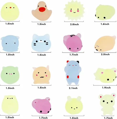 Miniatura 3 de Outee 16 piezas de juguetes Mochi Mini Mochi animales juguetes que brillan en la oscuridad, juguetes para aliviar el estrés, juguetes a granel, gato