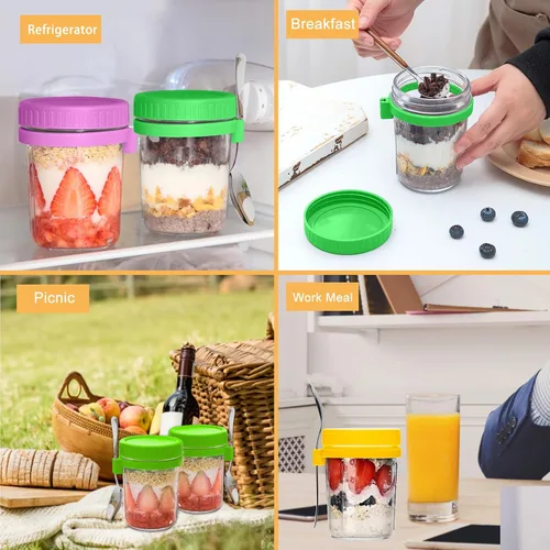 Miniatura 8 de Tarros Mason de 16 onzas con tapas, recipientes de avena durante la noche con tapas para avena, pudín, yogur, recipientes de aderezo para ensaladas