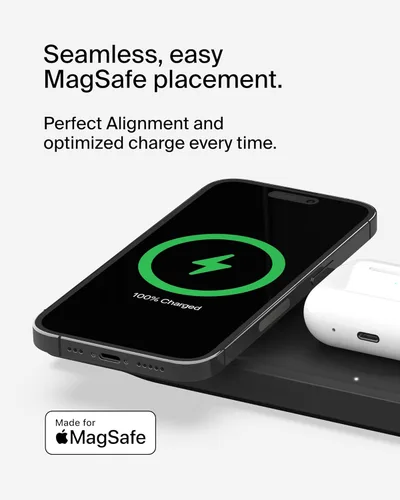 Miniatura 3 de Belkin MagSafe - Almohadilla de carga inalámbrica 3 en 1, carga inalámbrica rápida para Apple Watch, iPhone 17, iPhone 16, iPhone 15, iPhone 14 Negro