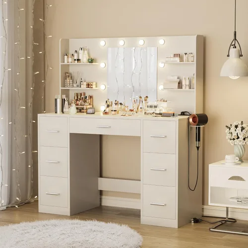Miniatura 2 de Furmax - Escritorio de tocador con espejo, luces LED y toma de corriente, mesa de maquillaje con 7 cajones y 6 estantes de almacenamiento, mesa
