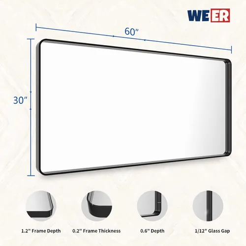 Miniatura 6 de WEER - Espejo de baño negro para pared de 60x30 pulgadas, espejo rectangular de tocador con marco de metal negro, espejo mate negro de casa de campo