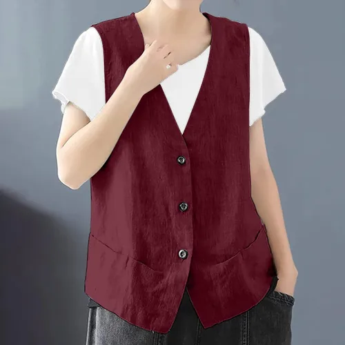 Miniatura 2 de Chaleco de lino de algodón para mujer, casual, vintage, sin mangas, con botones, a la moda, suelto, ligero, ropa de abrigo