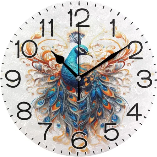 Reloj de pared de pavo real con hermosas plumas, funciona con pilas, silencioso, de cuarzo, analógico, rústico, rústico, reloj redondo, decoración