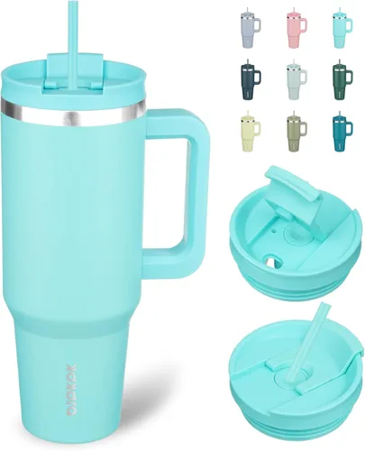 Miniatura 39 de BJPKPK - Vasos con aislamiento térmico, con asa y pajilla, vasos térmicos de acero inoxidable de 40 onzas con tapa, color rosado claro Rosa claro