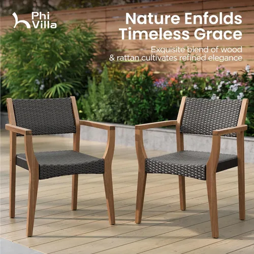 Miniatura 8 de PHI VILLA Juego de 2 sillas de madera de acacia para exteriores, sillones de comedor resistentes con respaldo y asiento de mimbre, muebles