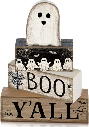 Miniatura 47 de Lineshading 4 piezas de decoración de mesa de Halloween espeluznante café apilado, decoración de bloques apilados de madera, letreros con tapa