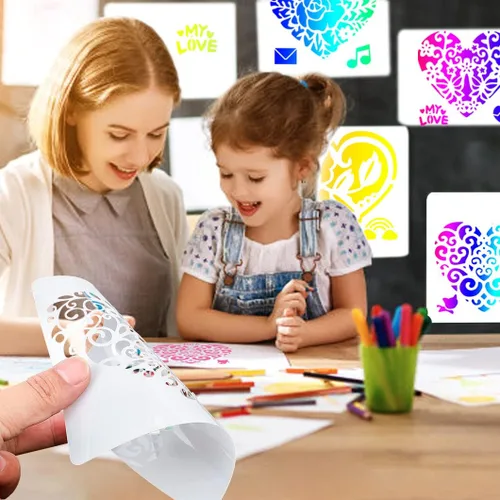 Miniatura 2 de Rolin Roly 9 plantillas de pintura de corazón, plantillas con estampado de rosas de amor, plantillas de pintura de hojas reutilizables para dibujar