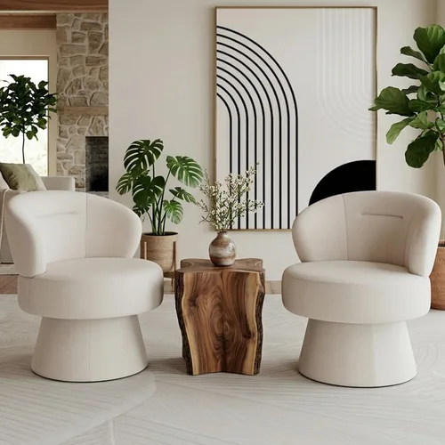 Miniatura 13 de Silla giratoria de 360° con respaldo curvo, moderna silla redonda tapizada de felpilla blanca, sillón tipo cubo para espacio pequeño, sala de estar
