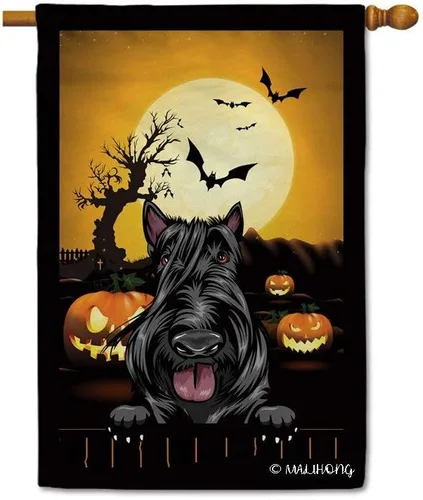 Miniatura 18 de Bandera de jardín de calabaza de Feliz Halloween Jack O'Lantern con perro Rhodesian Ridgeback Halloween Bat Boo Bandera decorativa para patio al