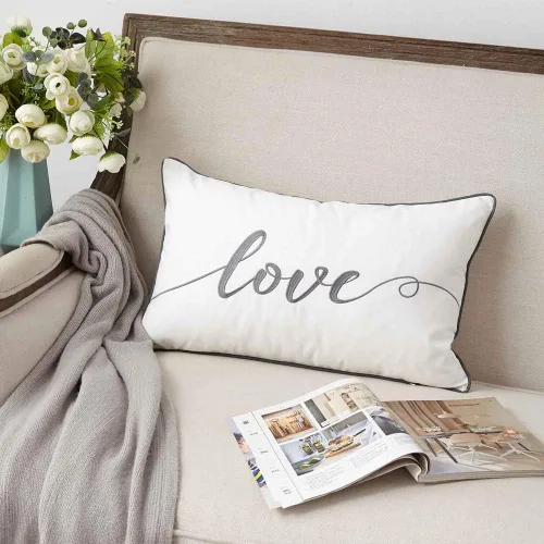 Miniatura 6 de Sanmetex Fundas de almohada decorativas de 12 x 20 pulgadas, funda de almohada lumbar de algodón suave bordada, funda de cojín rectangular gris