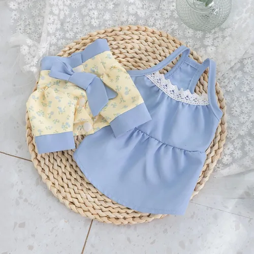 Miniatura 2 de Vestidos de princesa para perro, falda de cachorro con encaje y lazo bordado para niña, ropa de gato, boda, fiesta de cumpleaños Azul