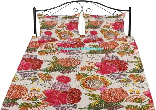 Miniatura 18 de Sophia-Art Colcha reversible de frutas indias para cama individual/king con patrón Gudri de algodón puro estilo Kantha, colcha decorativa con Rosa