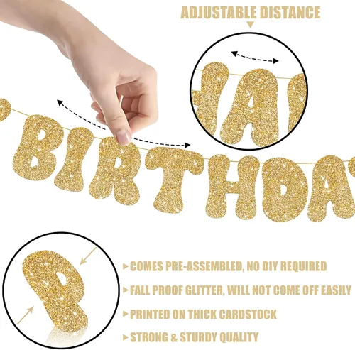 Miniatura 3 de KatchOn, Cartel de feliz cumpleaños dorado con purpurina – Pre-encordado, 10 pies Cartel dorado de feliz cumpleaños para niñas y niños Cartel