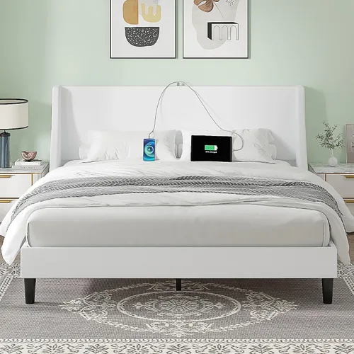 Miniatura 8 de VECELO Base de cama Queen con cabecera tapizada con respaldo alado, base de cama de plataforma resistente con estación de carga y bolsillos Beige