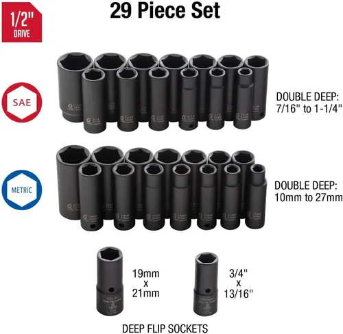 Miniatura 3 de SUNEX TOOLS 5153DD, Juego de llaves de impacto Drive Master de 1/2 pulgada, doble profundidad, 29 piezas, SAE/métrico, 7/16"-1-1/4", 0.394 in-1.063