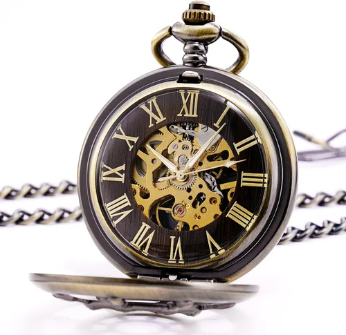 Miniatura 2 de TREEWETO Reloj de bolsillo con doble cubierta de bronce con números romanos para hombre y mujer