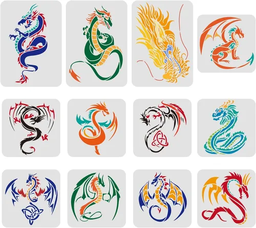 FINGERINSPIRE Juego de 12 plantillas de dibujo de dragón, juegos de plantillas de pintura de dragón volador de plástico, plantillas de dibujo de