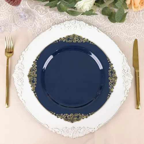 Miniatura 23 de Tableclothsfactory Paquete de 10 platos redondos de plástico barroco dorado de 8 pulgadas para ensalada de postre, vajilla desechable con borde