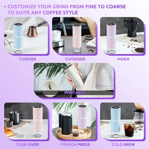 Miniatura 6 de Molinillo de café eléctrico portátil, molinillo de mano recargable con rebabas cónicas de acero inoxidable, ajustes de molienda ajustables