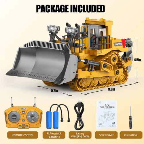 Miniatura 7 de Bulldozer de juguete RC con hoja de metal, luz y sonido, 9CH 2.4GHz control remoto camión de construcción, tractor topador juguetes para niños de 3