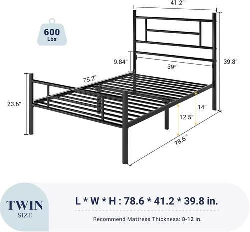 Miniatura 2 de Allewie Armazón de Cama de Plataforma Metálica Tamaño Individual de 14 Pulgadas con Cabecera y Piecera, Almacenamiento Debajo de la Cama, Soporte