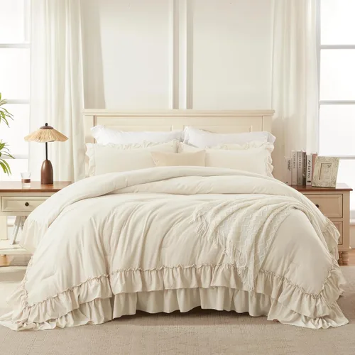 Miniatura 3 de Andency Juego de edredón beige tamaño individual, juego de ropa de cama y colecciones de 2 piezas, bohemio, ligero, esponjoso, con volantes
