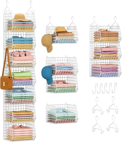 Miniatura 11 de X-cosrack Organizador de armario plegable de 3 niveles, estantes de ropa con 5 ganchos en S, para montaje en pared y armario de alambre para Blanco