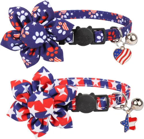 ADOGGYGO Collares de gato con bandera americana con campana de flor removible, ajustables, patrón de bandera del 4 de julio en rojo y azul, collares