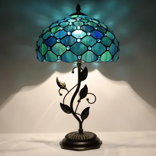 Miniatura 5 de Tiffany Table Lamp, Stained Glass Desk Light, W12H19 Inch, Metal Leaf Base (Sea Blue Pearl Style)