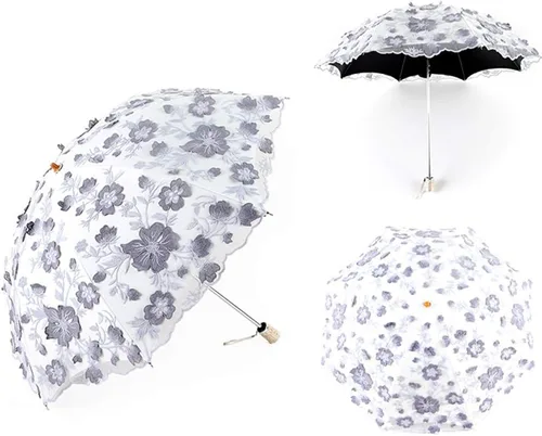 Miniatura 91 de Honeystore Sombrilla bordada con flor 3D plegable UV con encaje clásico
