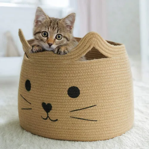 Miniatura 7 de Cesta pequeña de almacenamiento, cesta de juguetes para mascotas negra y linda para gatos, perros, cesta de cuerda decorativa para organizar, cesta