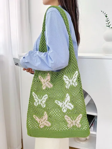 Miniatura 6 de ENBEI Bolsas bohemias, bolsa de punto de hombro, bolsa de mano Y2K estética, bolso de ganchillo lindo para mujeres, regalos hippie Verde con seis